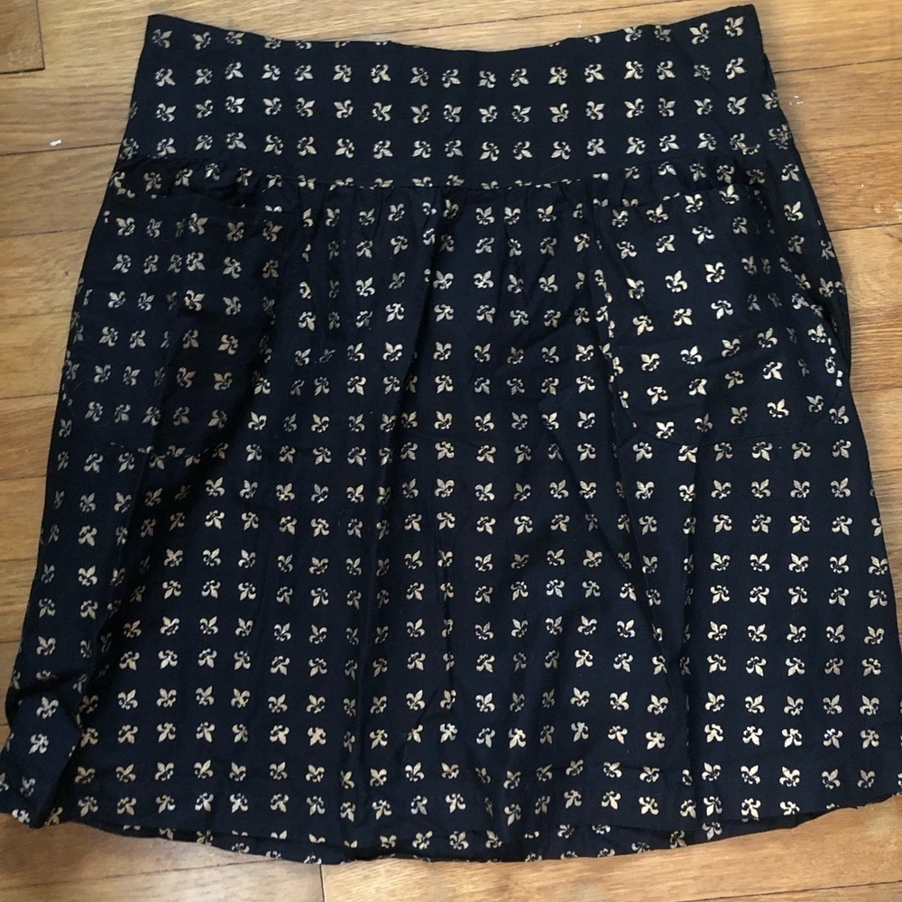 NWT XL Handmade Handsewn Fleur de Lis Skater Skirt with Patch Pockets Navy Gold